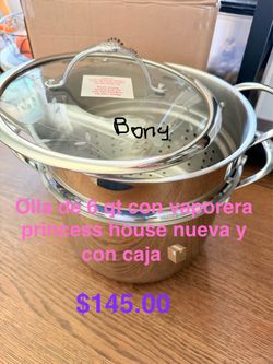 Olla de 6 qt con vaporera acero inoxidable 👉 princess house todo nuevo y con caja 📦