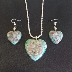 Sterling silver green amazonite copper orgonite necklace earrings jewelry set 