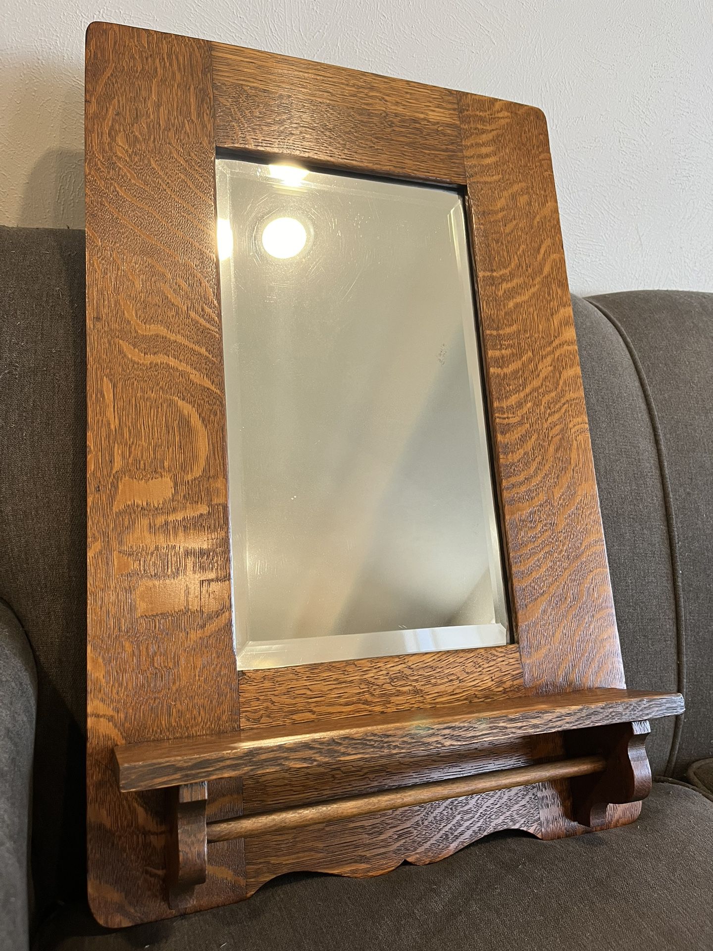 Vintage Wood Framed Beveled Mirror With Towel Rack