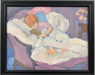 Sleeping Boy W/ Teddy Bear Framed Painting 14 X 18"
