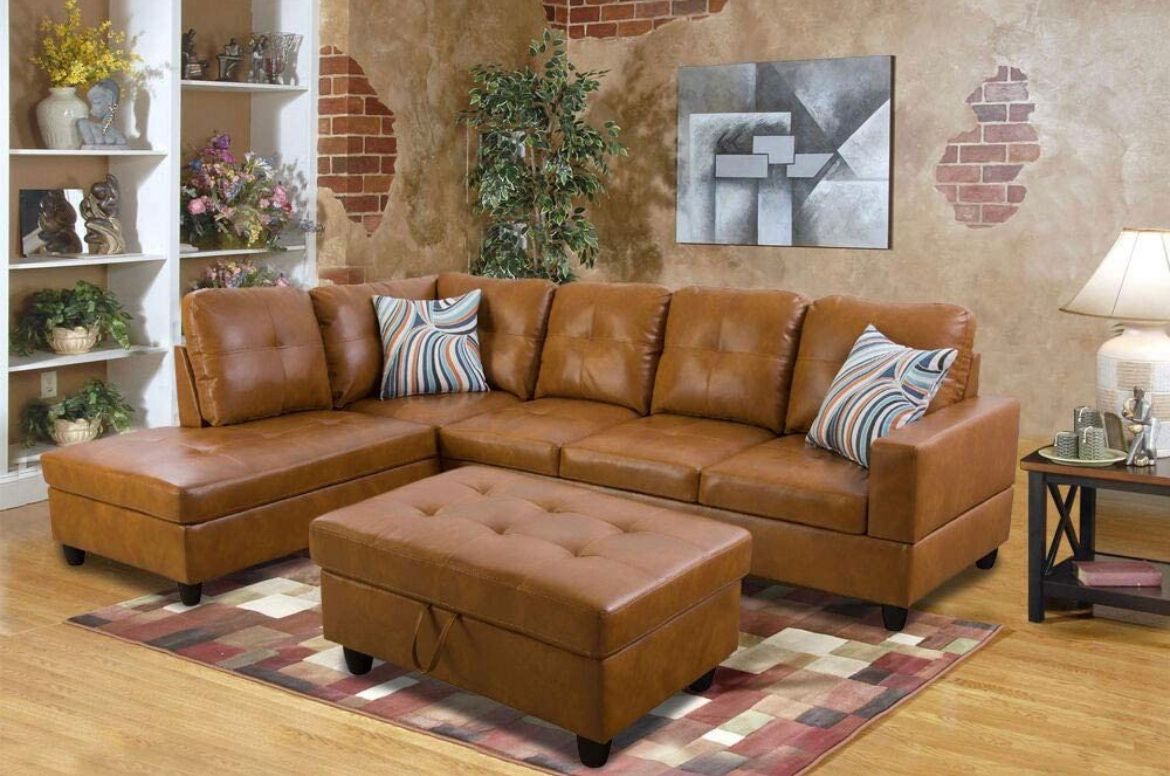 Caramel Brown Leather Sectional Couch With Storage Ottoman And Pillows