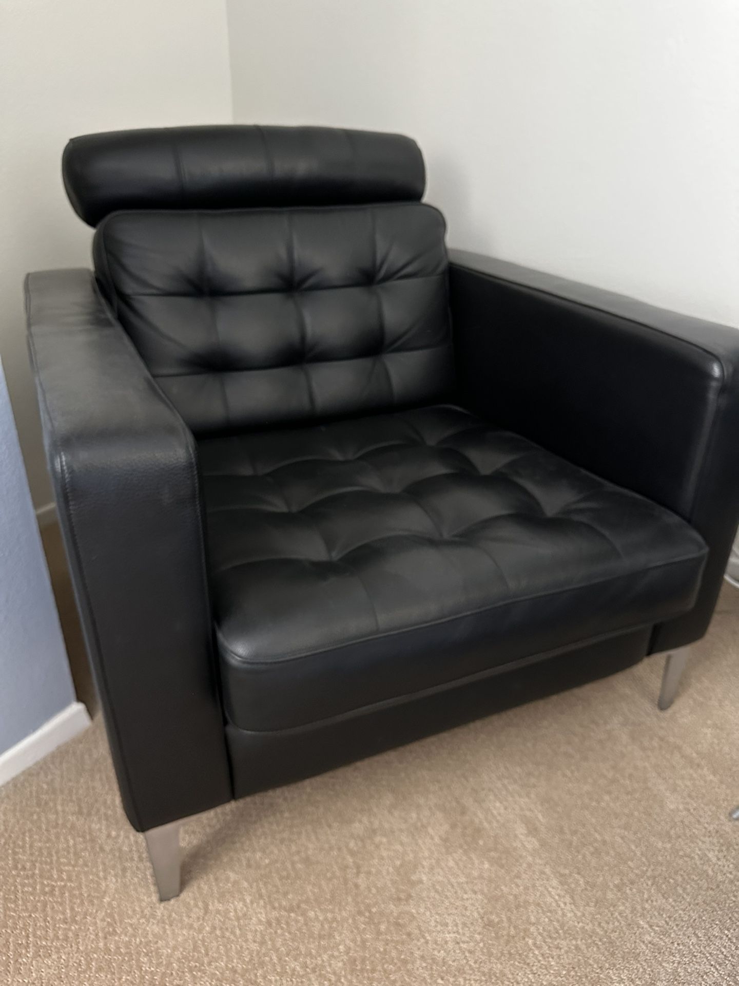 IKEA Black Leather Chair + Ottoman