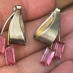 Vintage Sterling Silver Large Earrings With Pink Natural Sapphire/Tourmaline  Gemstones