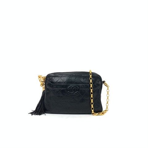 Chanel Black Quilted Leather Tassel Crossbody Bag