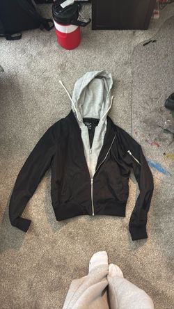 Black Zip-Up Jacket with Gray Hood