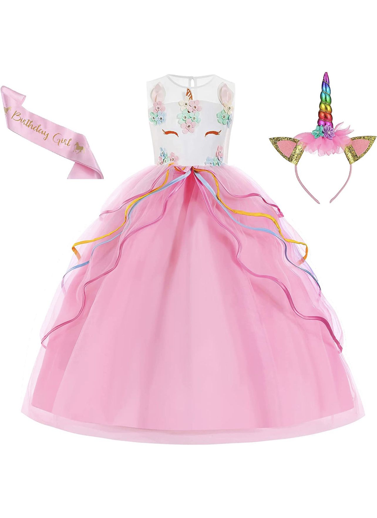 Brandnew  Unicorn Dress for Girls Unicorn Costume with Headband & Satin Sash for Birthday Party(14-15years)