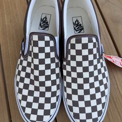 Brown & white checkered slip on vans 12