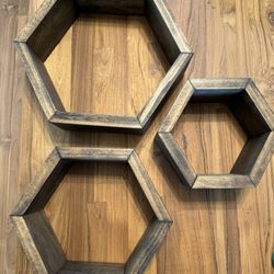 Set Of 3 Wood Hexagon Shelves