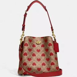 Coach Willow Tan Red Bucket Bag Purse Signature Canvas Tote Heart Print NWT