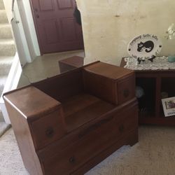 Antique Dark Wood Vanity With Beveled Mirror