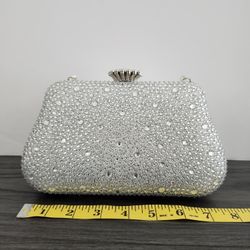 Silver Rhinestone Evening Clutch – Glitter & Crystal Formal Handbag w/ Chain