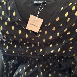 NWT Bloomchic Women's Black Dress With Mesh Overlay And Gold Accents