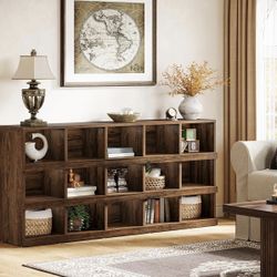 JW0891 63-Inch Farmhouse Console Table, 15-Cube Narrow Entryway Table, 4-Tier Wood Behind Couch Sofa Table, All Wood Hallway Table with Storage for En