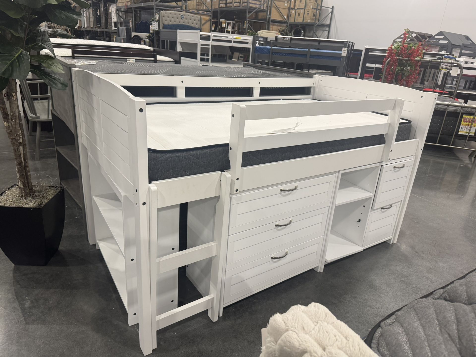 5-PIECE TWIN-SIZE LOFT STORAGE BED WITHIncludes: Low Loft Bed Louver, 3-drawer Chest, 2-drawer Chest with Shelves, Headboard Bookcase, Small Bookcase.