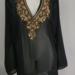 New Women's Goldbeaded Black Tunic Top