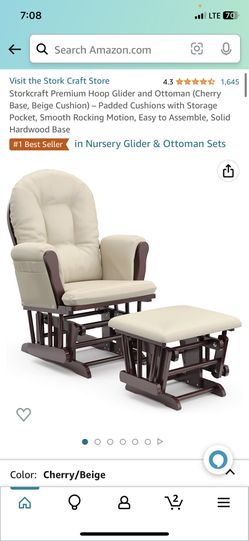 Storkcraft Premium Hoop Glider and Ottoman (Cherry Base, Beige Cushion) – Padded Cushions with Storage Pocket, Smooth Rocking Motion, Easy to Assembl