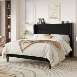 Queen Size Luxury Velvet Upholstered Platform Bed Frame with Wingback Headboard, Black
