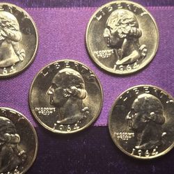5x 1964 Silver Proof Washington Quarters – 90% Silver
