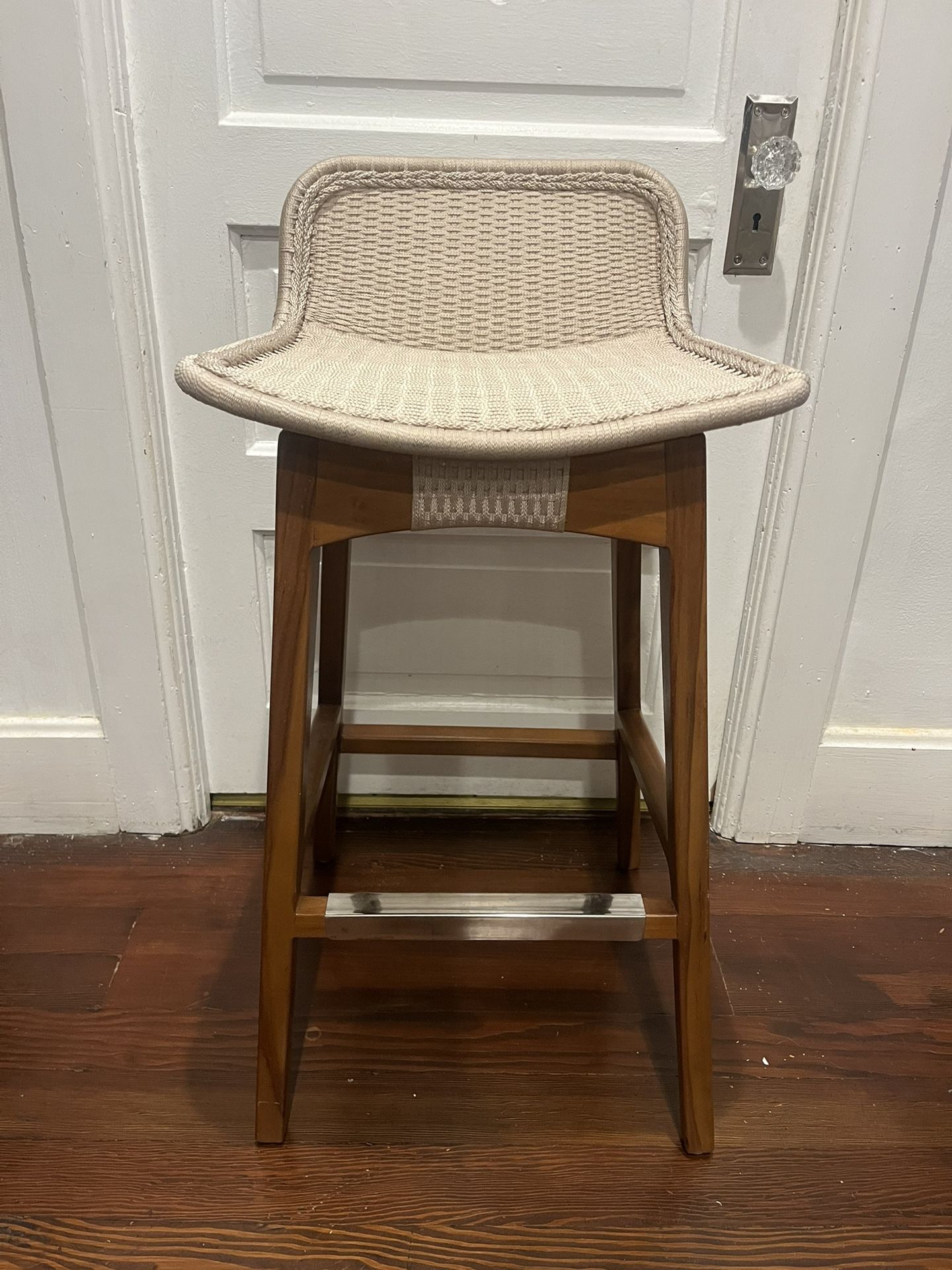 Mid Century Modern Palecek Beige Woven Teak Wood Bar Height Stool (1)