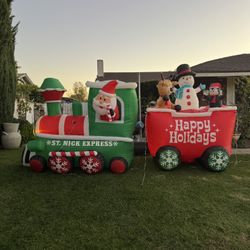 9 FT  Height Christmas Inflatable Santa Claus on The Train with Snowman and friends Built-in LED Lights Outdoor Lawn Yard Decoration
