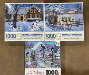 (3) HOLIDAY Jigsaw Puzzles 1000pc, Joelle Mclntyre Snowman Vacancy, The Greeters By John Sloane, Family Sleigh Ride By John Sloane 🔥 OPEN TO TRADES🚀