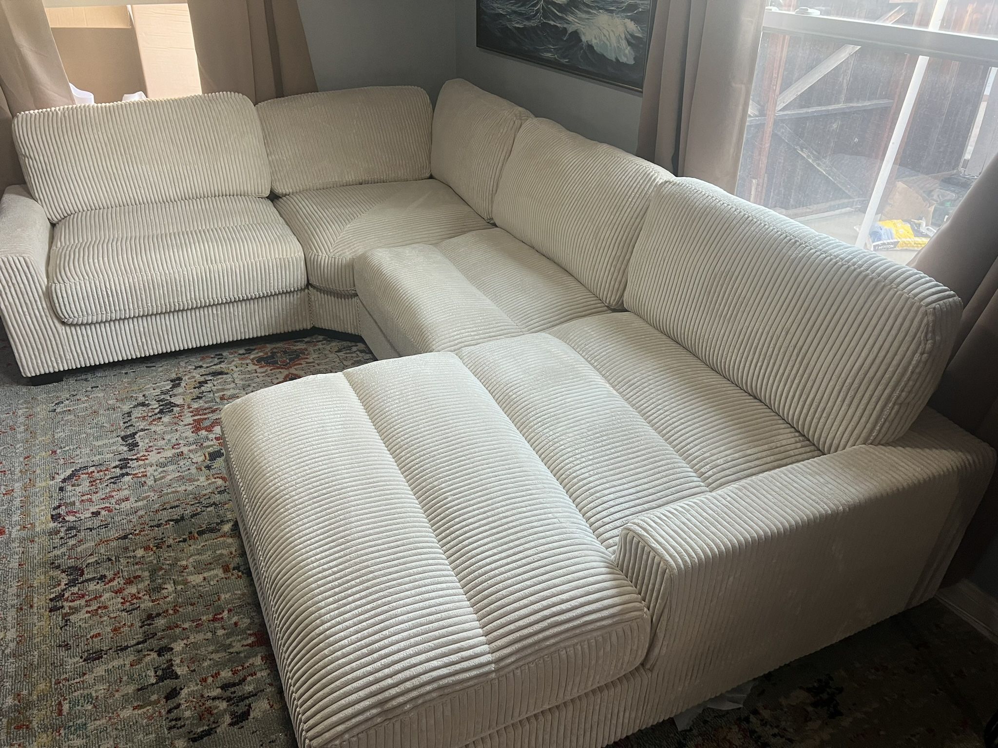 New 4 Piece Corduroy Fabric Sectional. Off White / Beige. 90”x127”x66”. Free Delivery!