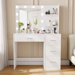 New Vanity Desk with Mirror, Power Outlet and 10 Lights, Makeup Table with 4 Drawers, 3 Color Modes Available for Bedroom, White New in box T-VN23-0