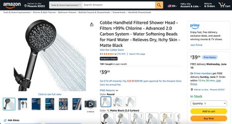 New - Handheld Filtered Shower Head, Cobbe
