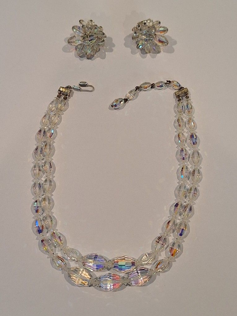 Vintage 1950s Faceted aurora Borealis Crystal Choker And Earrings Set