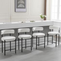 0675 Counter Height Bar Stools, 24'' White Bar Stools Set of 4, Boucle Counter Stools with Back, Mid-Century Modern Bar Stools for Kitchen Island, Din