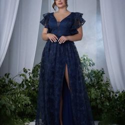 Navy Blue Flower Embroidery Ball Gown - Size 1XL