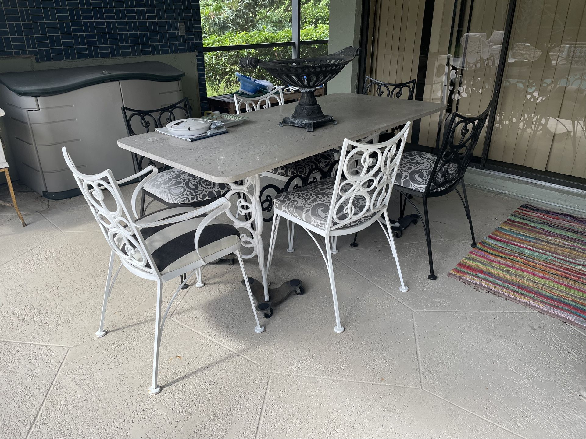Mid Century Modern Woodard Iron Marble Top Patio Set