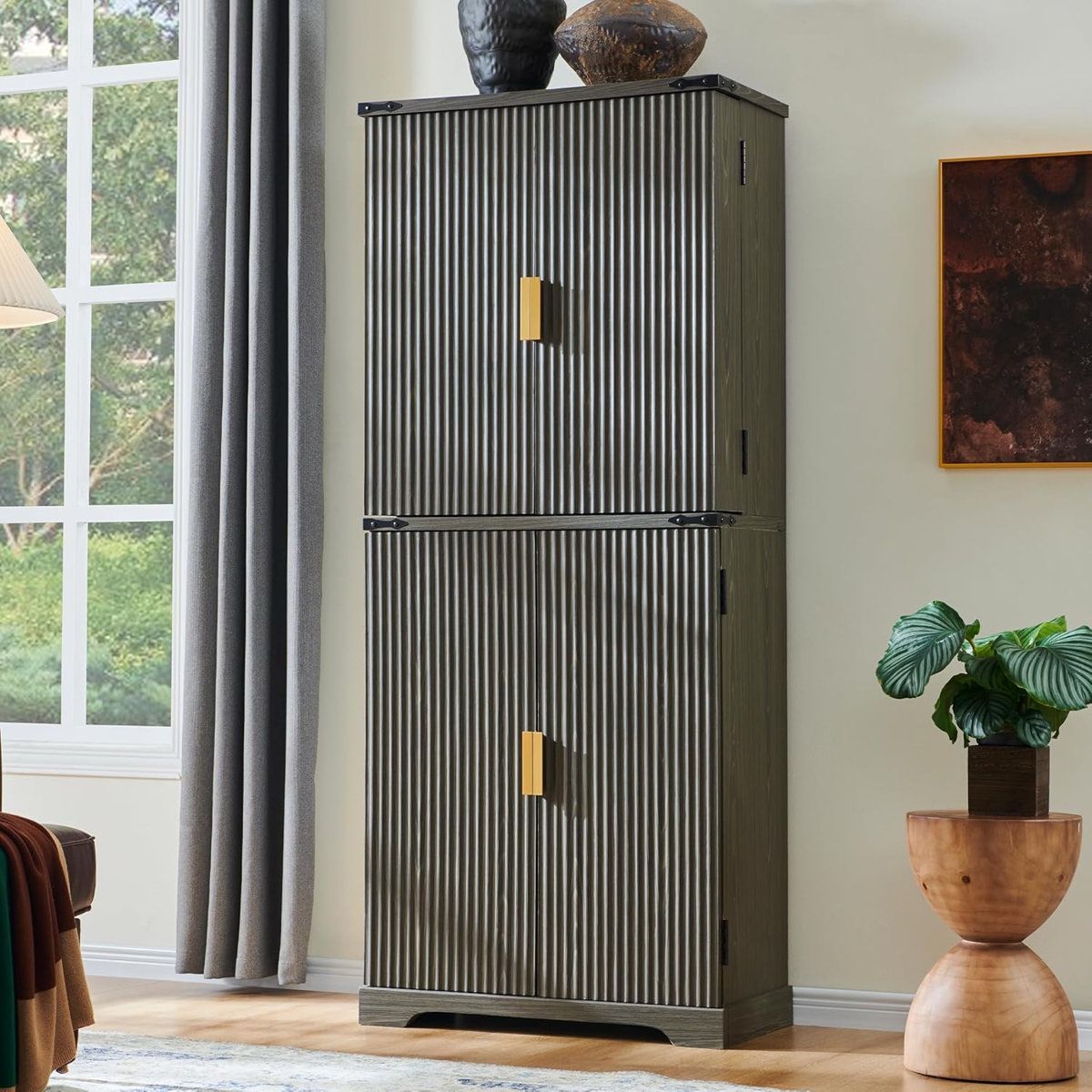 Fluted Pantry Cabinet, 72" Tall Modern Storage Cabinet with 4 Doors, Organizer, Drawer and Adjustable Shelves, Wood Cupboard for Kitchen, Di
