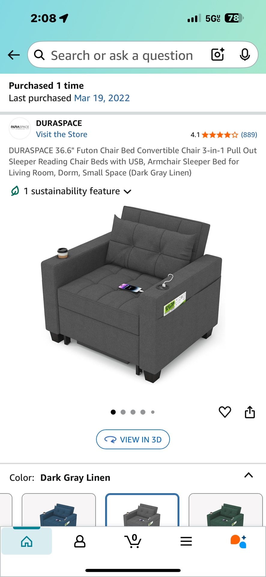 DURASPACE 36.6" Futon Chair Bed Convertible Chair 3-in-1
