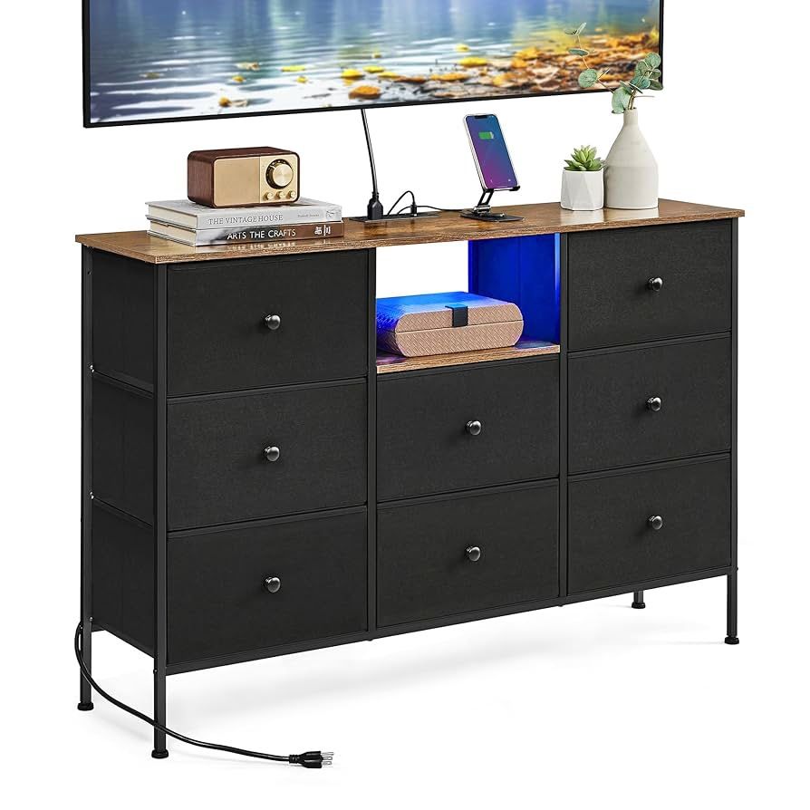 Black Fabric Dresser with Power Outlets and LED Lights LTS518B01