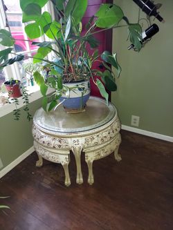 Table Antique Carved Wood Set With Stools