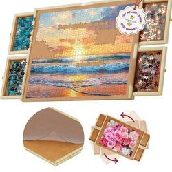 1000 Piece Wooden Jigsaw Puzzle Table - 4 Drawers, Rotating Puzzle Board | 30” X 22” Jigsaw Puzzle Board | Puzzles Cover Included - Portable Puzzle Ta