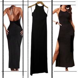 Semi-Sheer Black Backless Maxi Dress With Side Slit Size XS