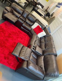 Fall clearance sale. Madrid Brown leather modular reclining sectional only $1299. Easy finance option. Same-day delivery.