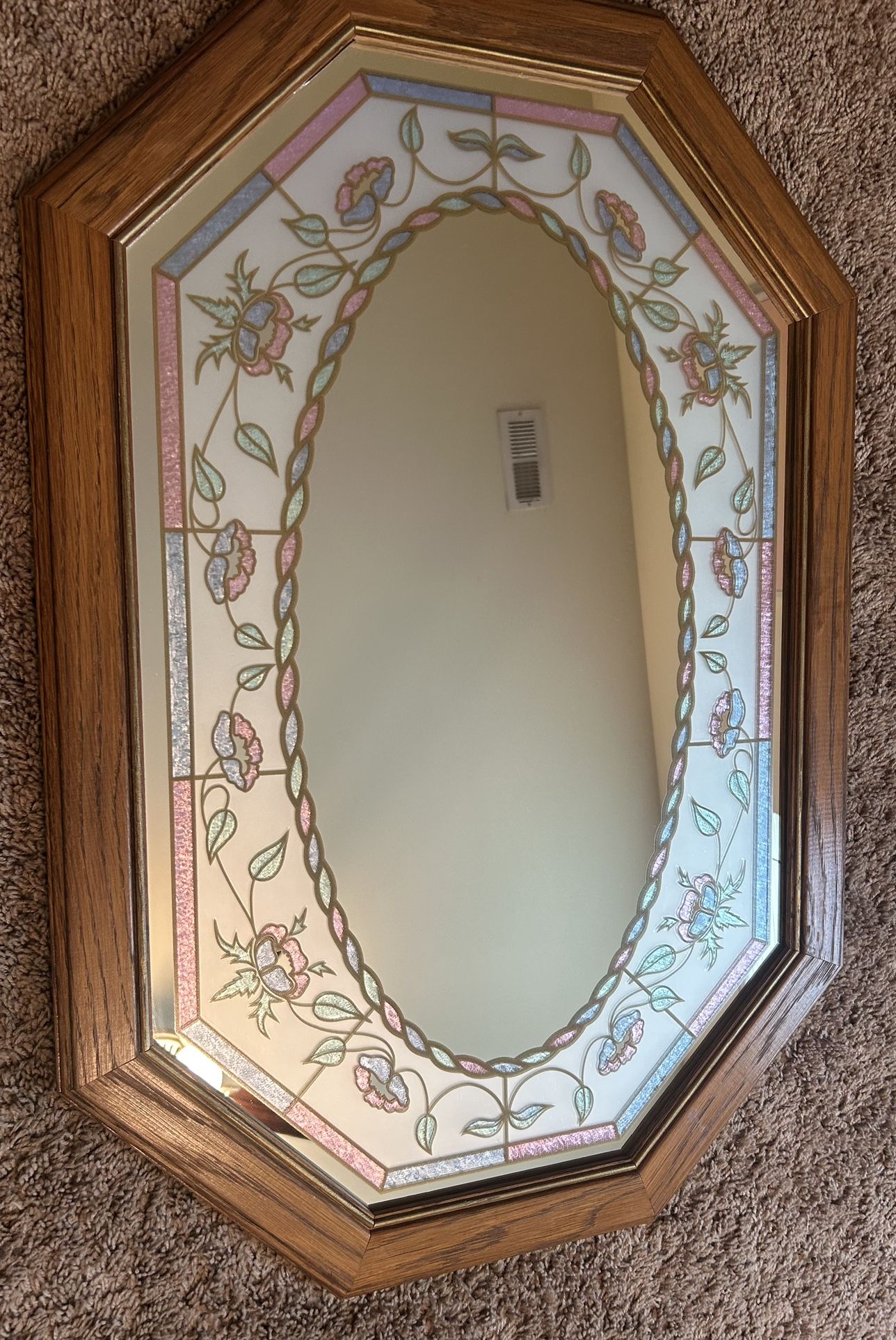 Vintage Mirror 1980s Stained Glass Etched