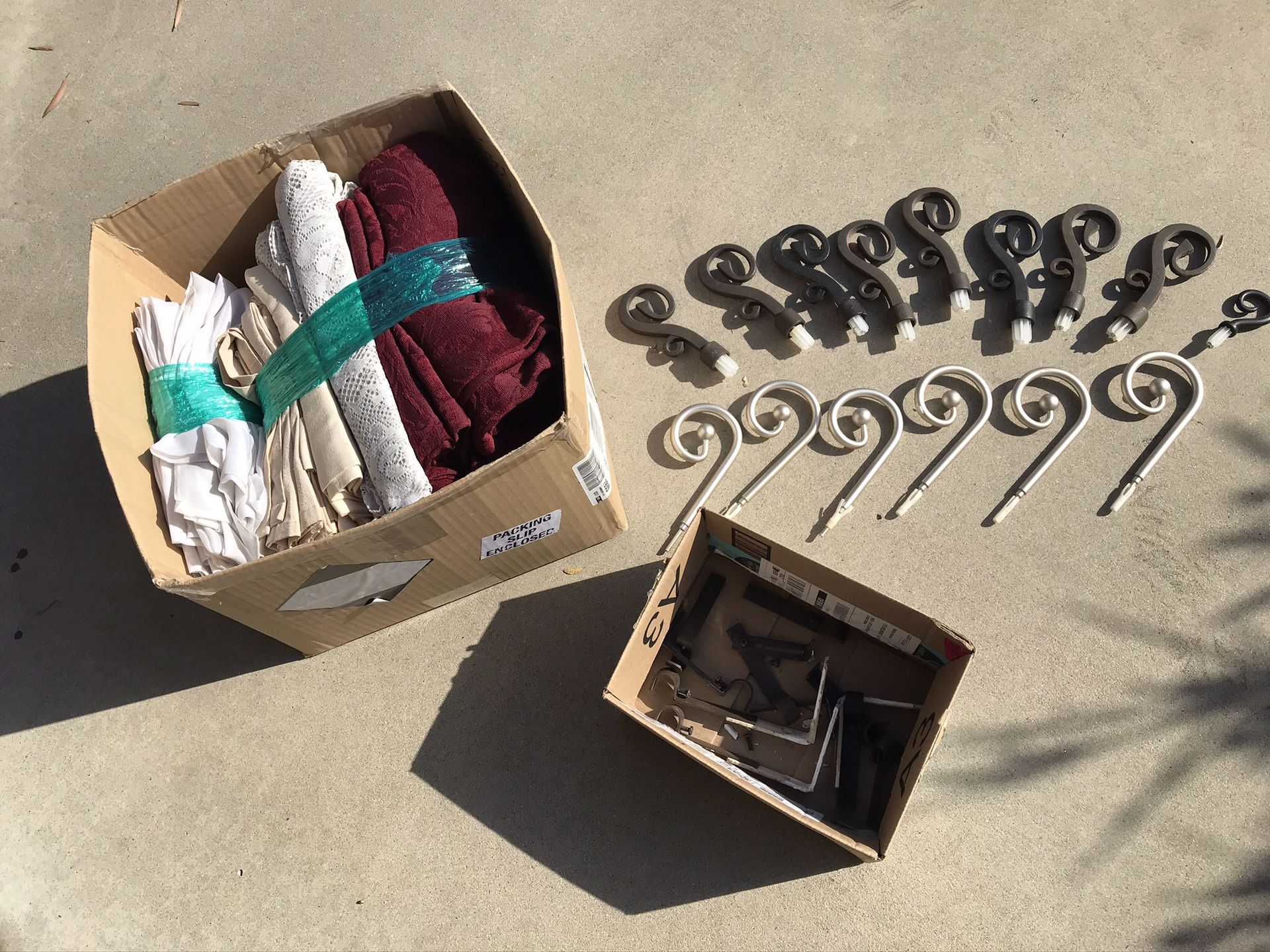 Drapes, finials, rods, mounting hardware - $10