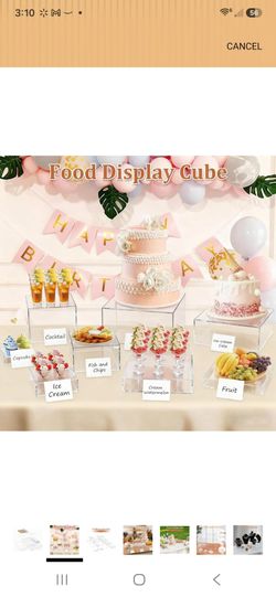 5 clear Plastic buffet raisers with five plastic  tags