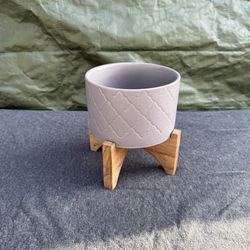Gray ceramic planter with wood stand