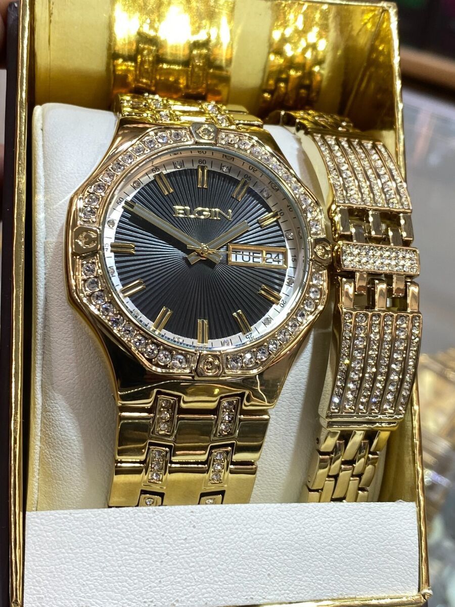 Elgin Men's Silver and Gold Tone Analog Watch with Crystal Accents