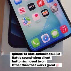 Iphone 14 unlocked $350 Rattle sound when side silent button is moved Other than that works 💯  Mission