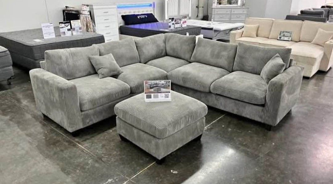 Sectional Sofa With Ottoman Grey Corduroy Brand New