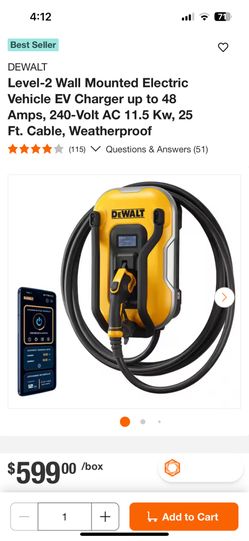 DEWALT Level-2 Wall Mounted Electric Vehicle EV Charger up to 48 Amps, 240-Volt AC 11.5 Kw, 25 Ft. Cable, Weatherproof