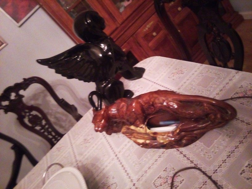 2 Statues Of One Winged Black Angel Lion With Light Up Mountain Lion Panther Statue.