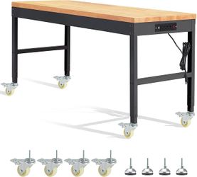 HABUTWAY Height Adjustable Workbench with Wheels 60" 2000 Lbs Capacity Solid Wood Work Station