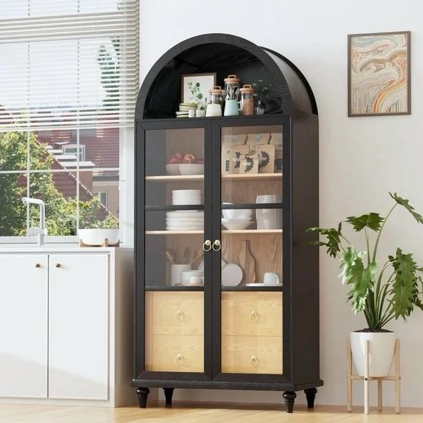 71'' Tall Arched Pantry Storage Cabinet with 2 Large Drawers & 3 Shelves, Display Cabinet with Glass Door for Kitchen Dining Room Living Room， Black b